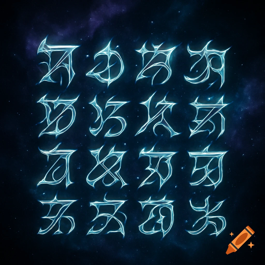 A 4x4 grid of glowing blue, stylized alien script symbols on a dark, starry cosmic background.