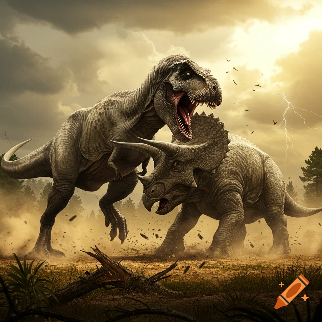 A realistic T-Rex and Triceratops fighting in a dusty, stormy prehistoric landscape with lightning.