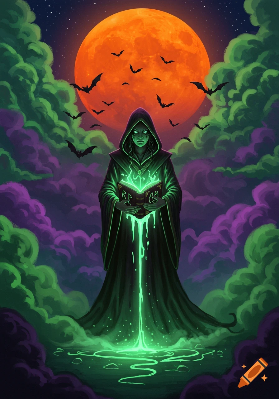 A witch in a dark robe holds a glowing green spellbook that drips magic into a puddle. An orange full moon shines behind her with bats flying against green and purple clouds.