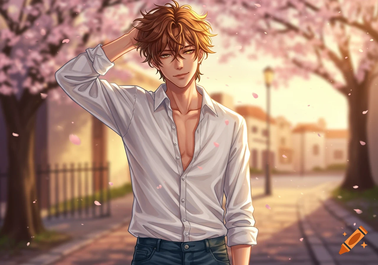 An anime man with messy brown hair and an open white shirt, standing on a cherry blossom-lined path at sunset.