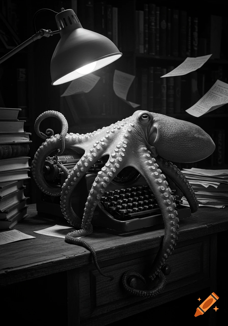 A photorealistic black and white image of a large octopus sitting on a vintage typewriter at a desk, surrounded by books and flying papers, under a desk lamp.