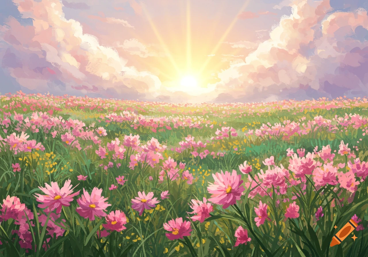 A vibrant, watercolor-style painting of a field of pink and yellow flowers under a sunny sky with pastel clouds.