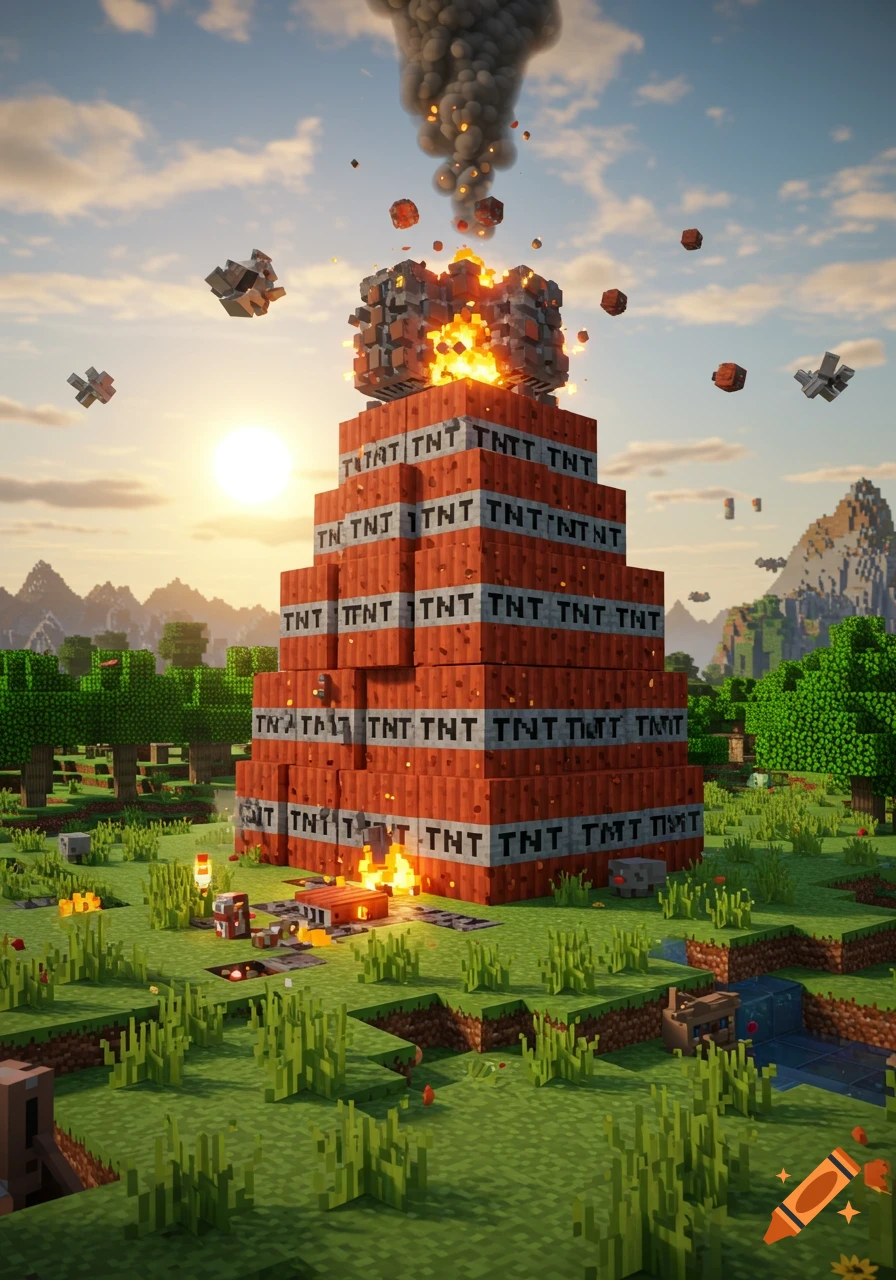 A giant pyramid of TNT blocks exploding in a Minecraft world at sunset, with smoke and debris.