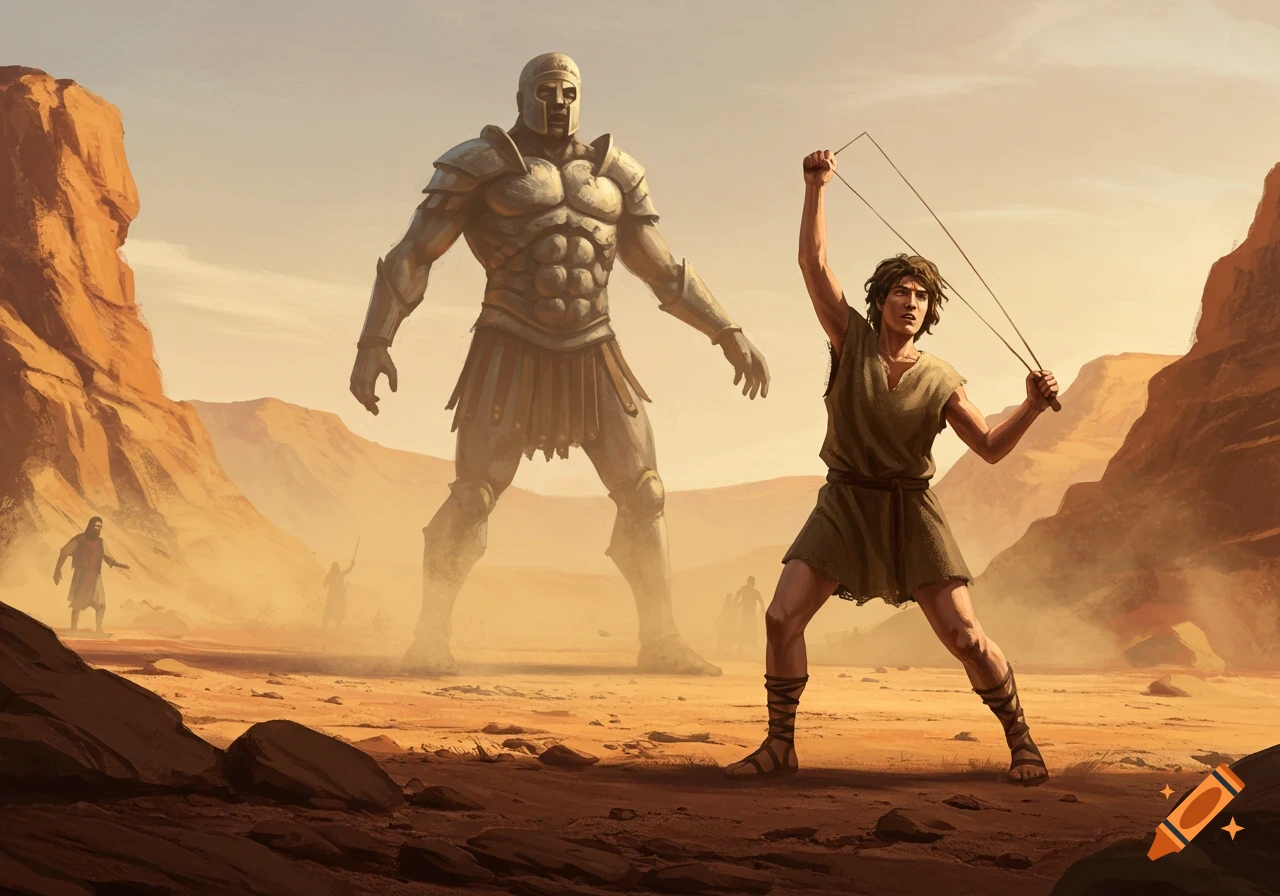 A young man with a sling faces a giant armored warrior in a vast, dusty desert landscape.