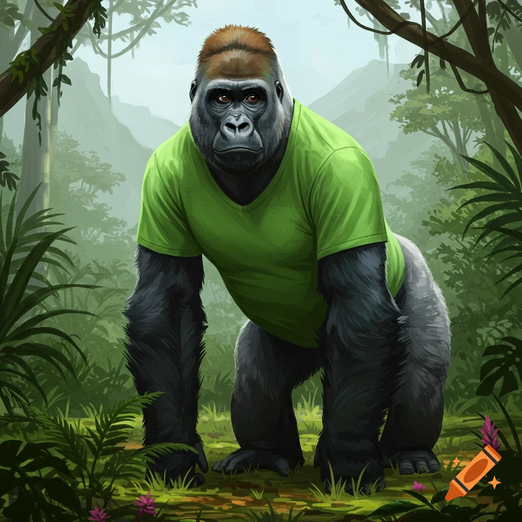 An illustration of a large mountain gorilla wearing a green t-shirt, standing in a lush jungle.