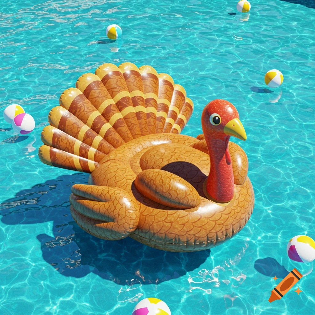 A realistic inflatable turkey pool float in a bright blue swimming pool with several colorful beach balls.