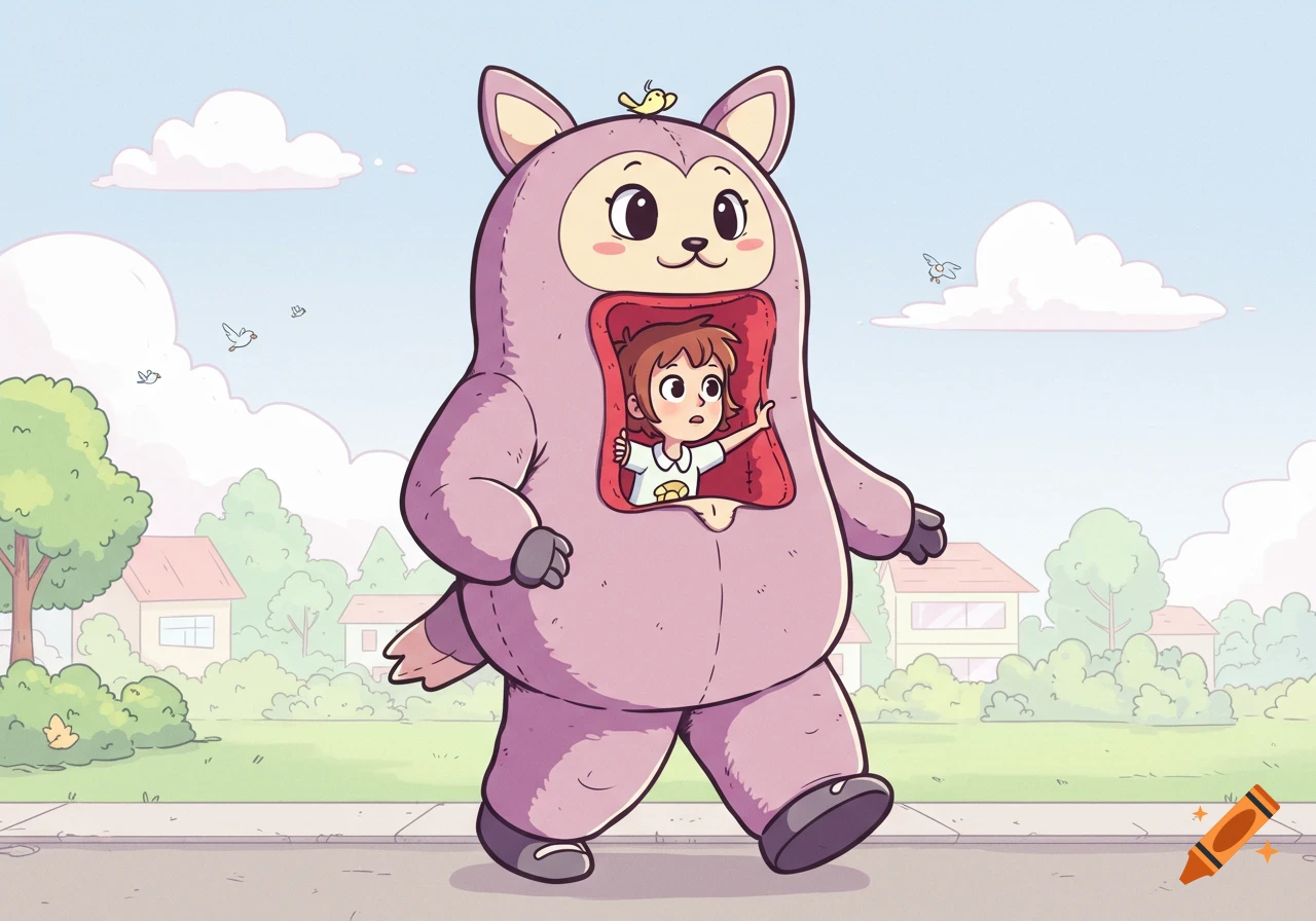 Cartoon of a girl walking inside a large, purple plush animal costume on a suburban sidewalk.