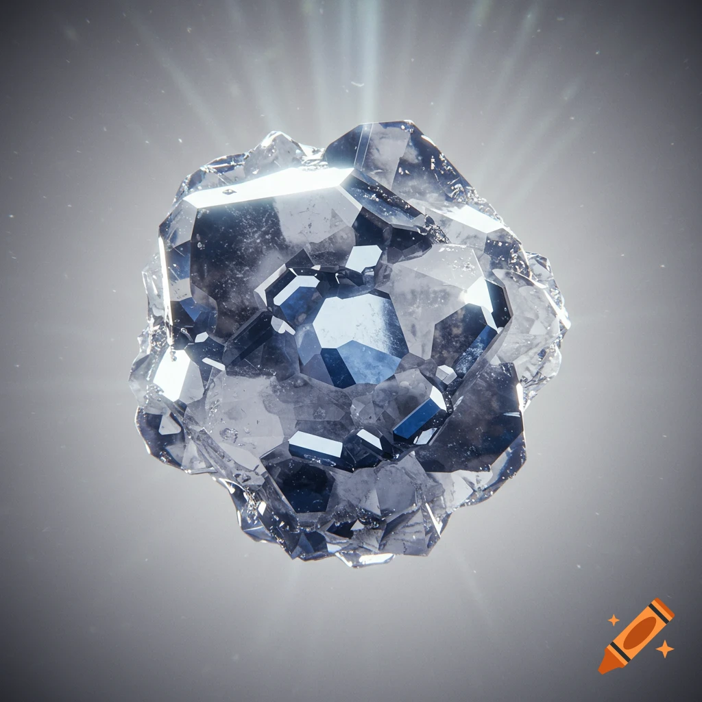 A sparkling, multifaceted crystal with bright light and small particles against a grey background.