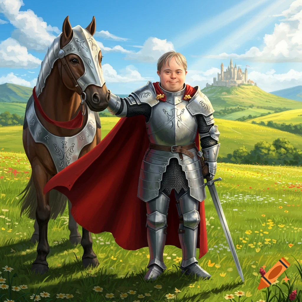 An illustrated knight with Down syndrome in shining armor and a red cape stands next to his horse in a flowery meadow with a castle.