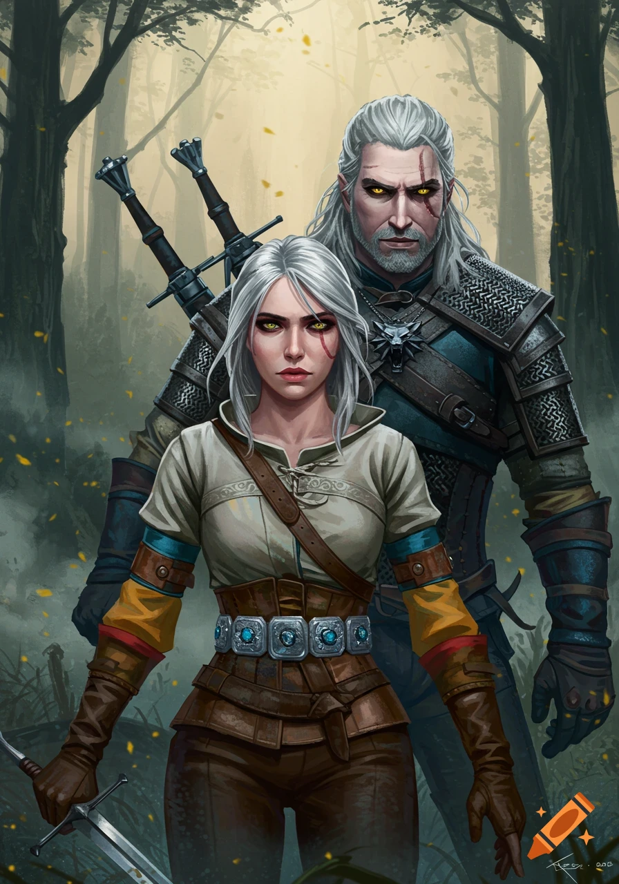 Illustrative poster of white-haired Ciri holding a sword in front of serious Geralt, both in a forest.