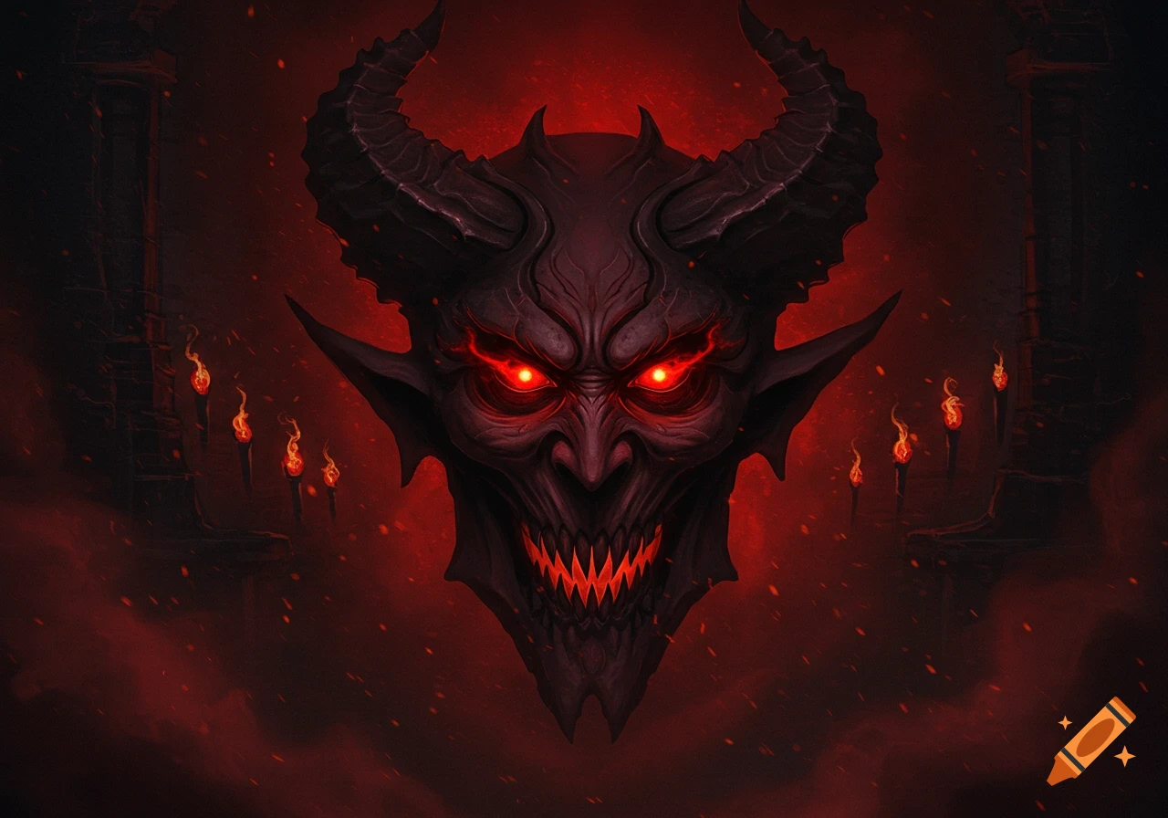 A dark, horned demonic face with glowing red eyes and sharp, jagged teeth against a fiery red background with torches.
