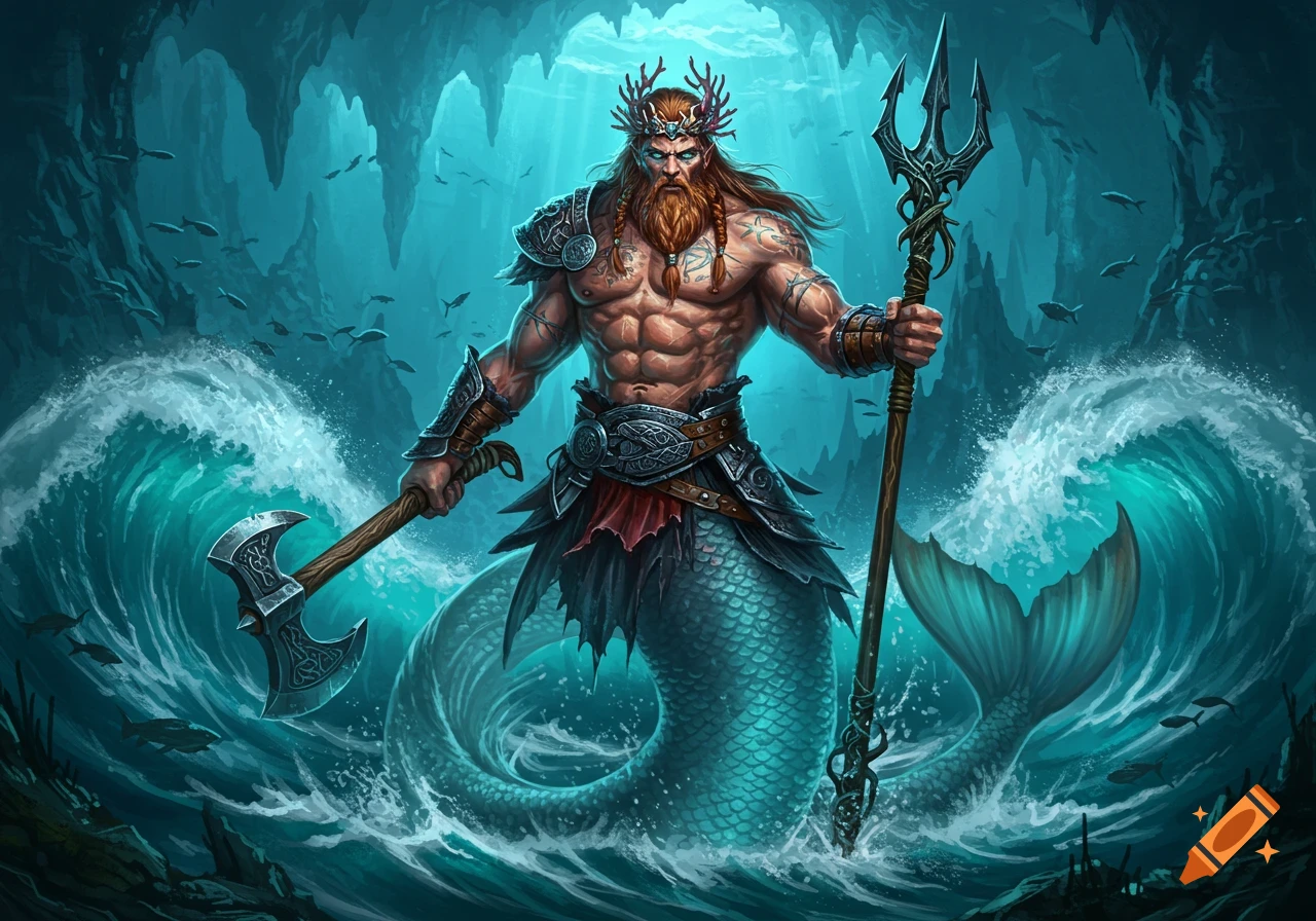 A bearded merman with an antler crown wields an axe and trident in crashing waves within an underwater cave. Fantasy art.