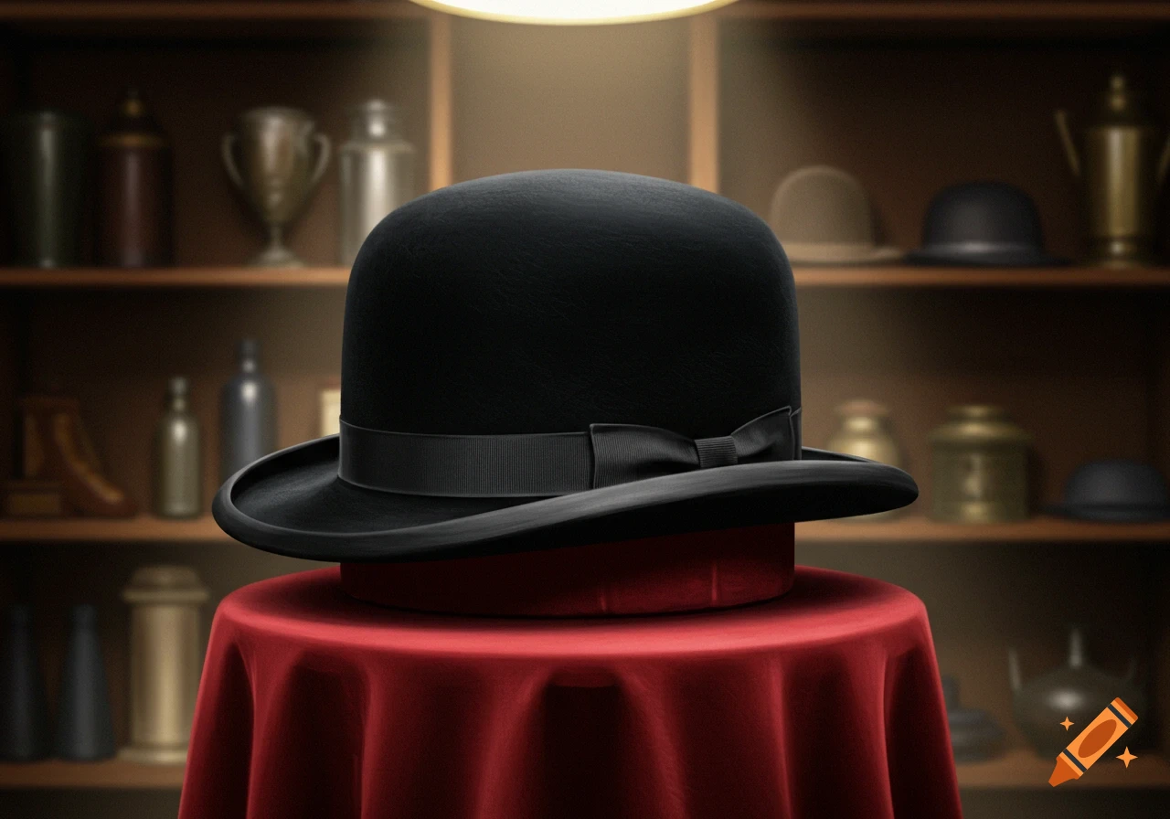 A photorealistic image of a black bowler hat with a ribbon and bow, displayed on a red cloth-draped table in a store.