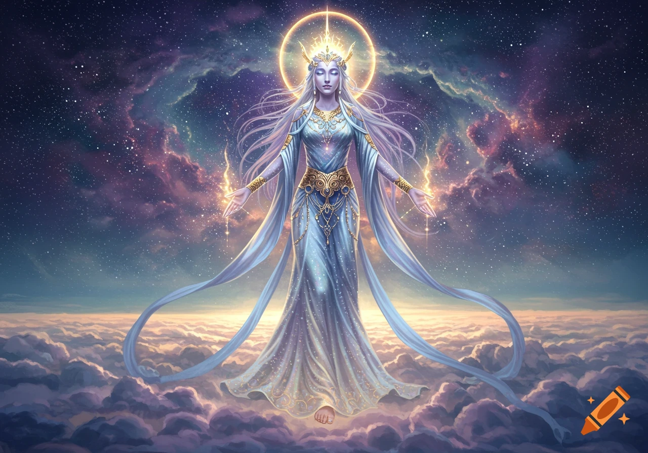 A glowing goddess with long white hair, a crown, and a flowing blue dress stands on clouds in a starry cosmic sky.