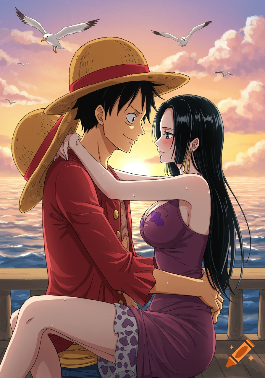 Anime characters Luffy and Hancock embrace on a deck by the ocean at sunset, with seagulls flying in the sky.