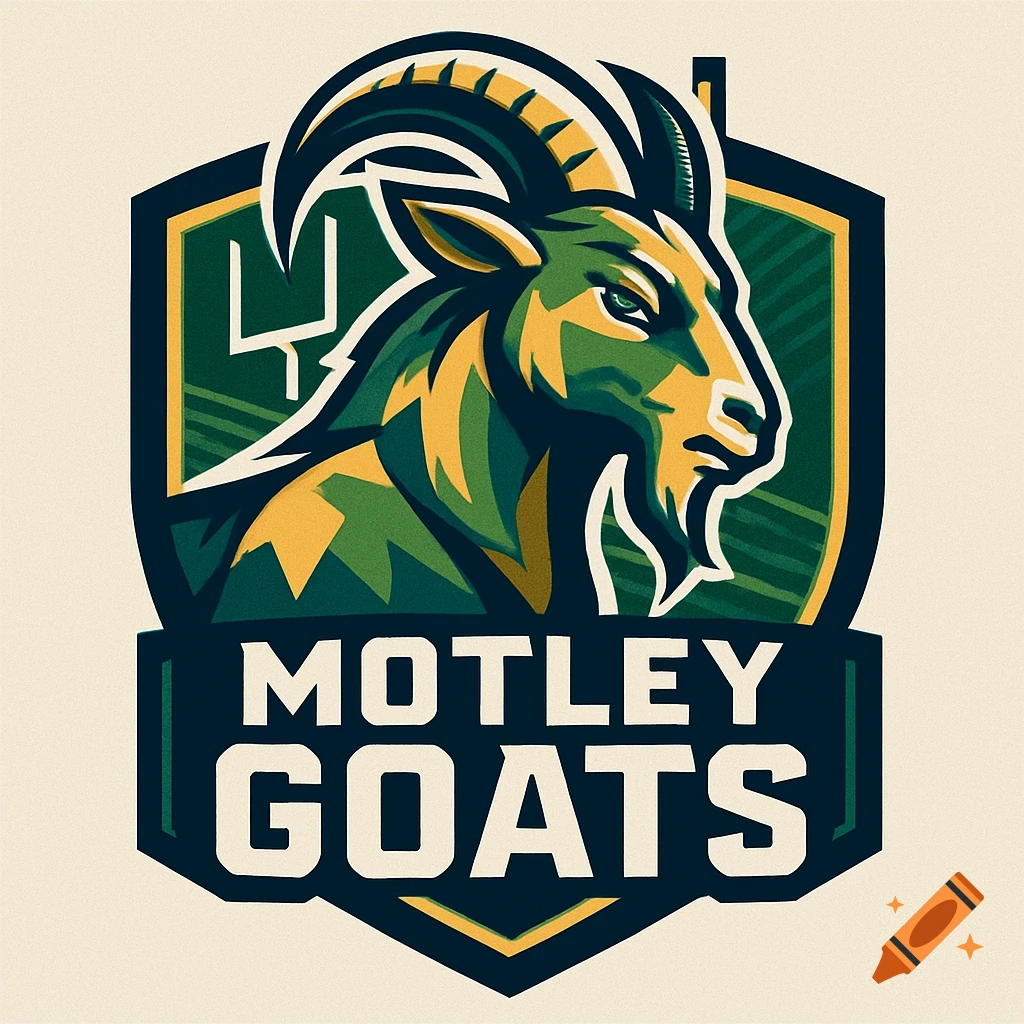 A stylized green and gold logo features a fierce goat head and an American football goalpost, with 'MOTLEY GOATS' text.
