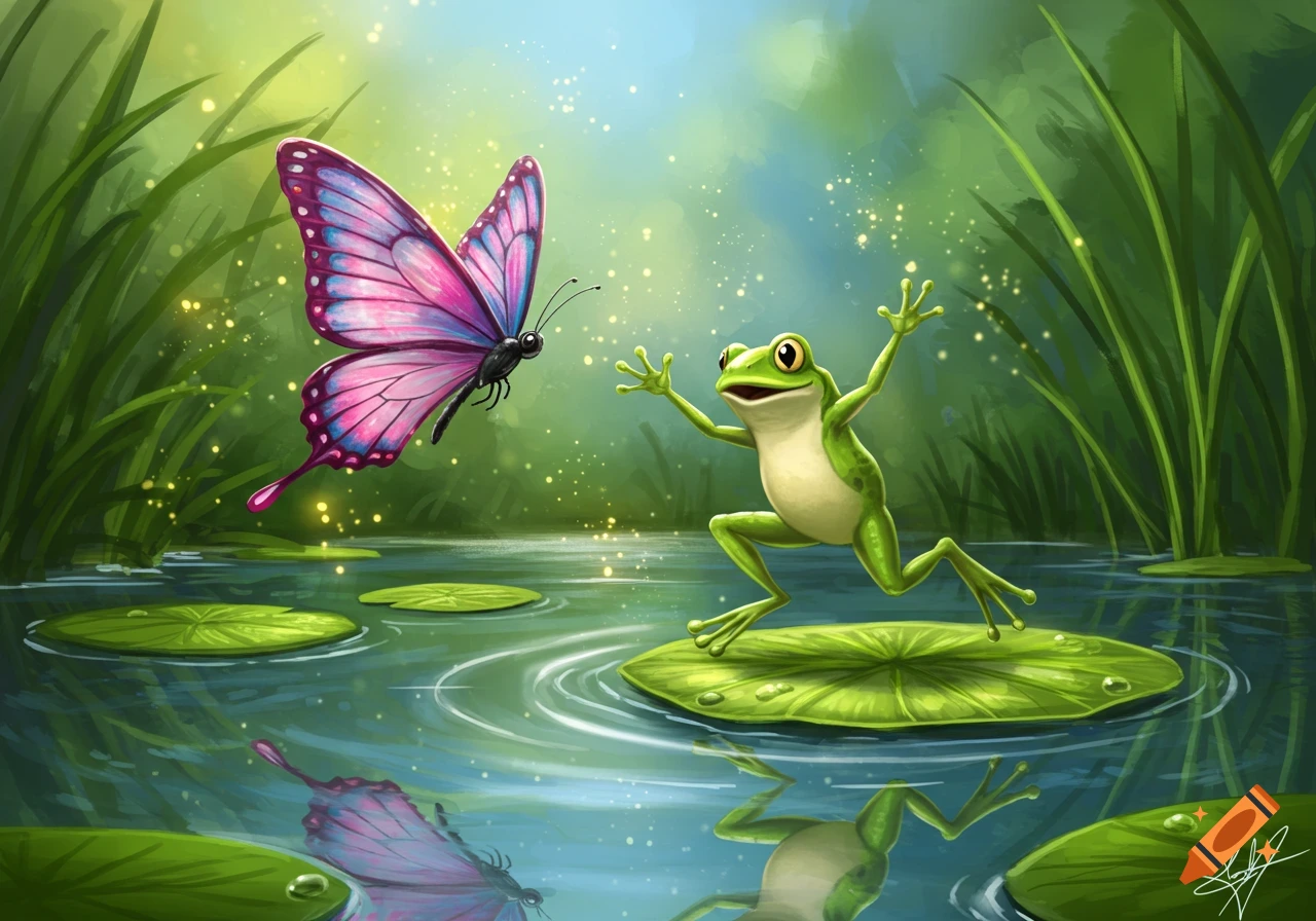 A vibrant illustration of a pink and purple butterfly flying towards a cheerful green frog jumping on a lily pad in a pond.