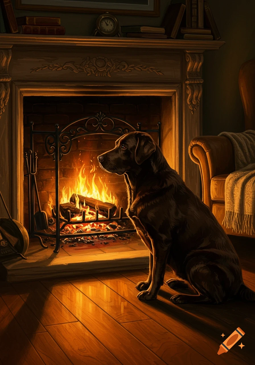 A dark chocolate Labrador sits on a wooden floor, looking towards a lit fireplace in a cozy room.