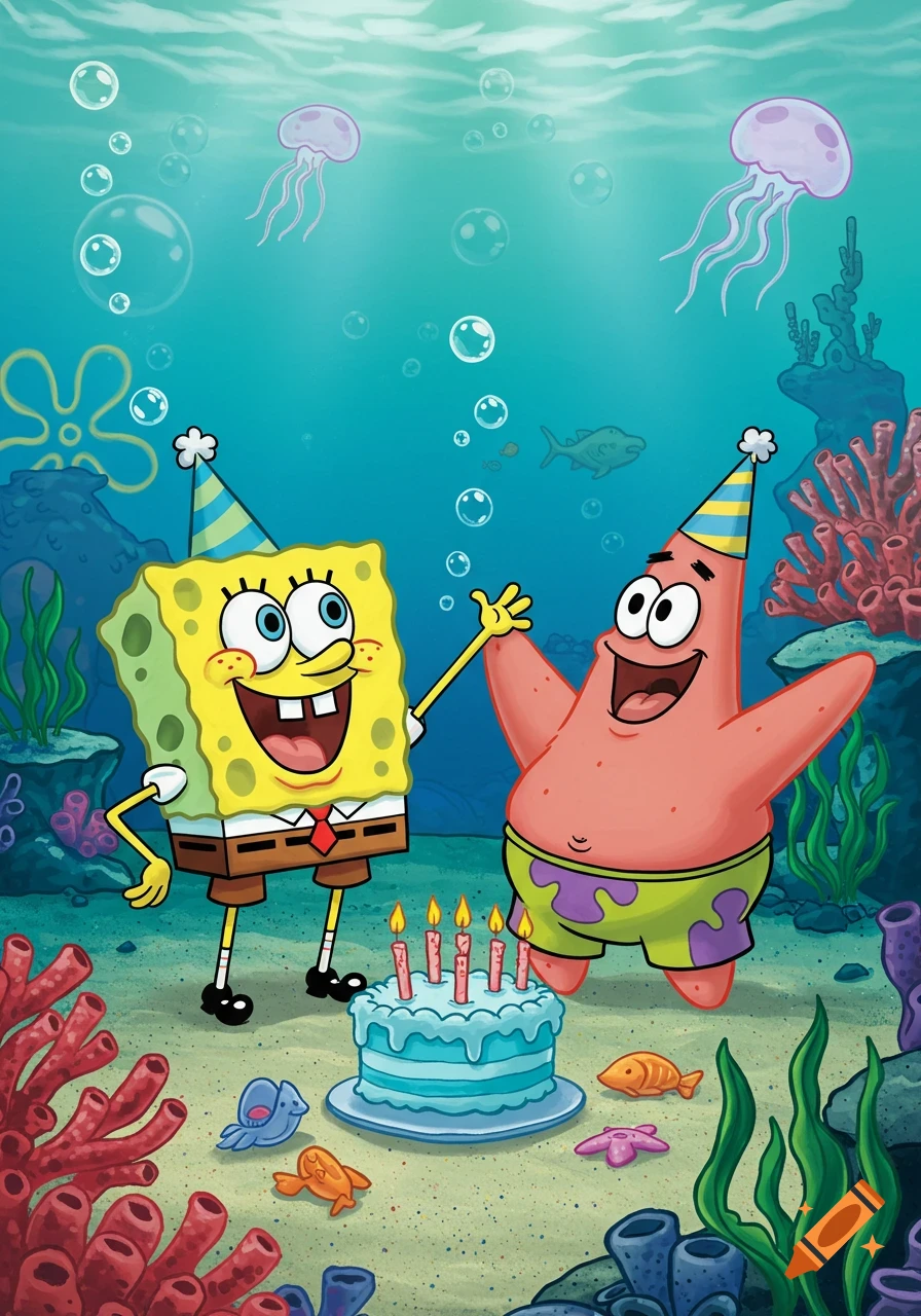 Spongebob and Patrick celebrating a birthday underwater, wearing party hats next to a cake with candles.