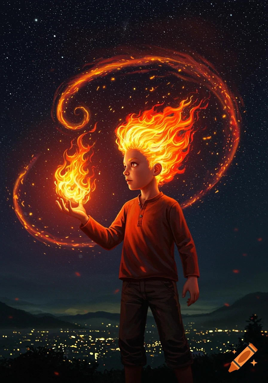 A young boy with fire hair and a glowing fire orb in his hand stands against a starry night sky above a twinkling city.