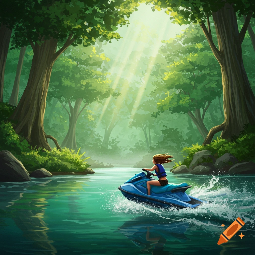 Illustrated woman riding a blue jetski through a sunny forest river, creating a splash.