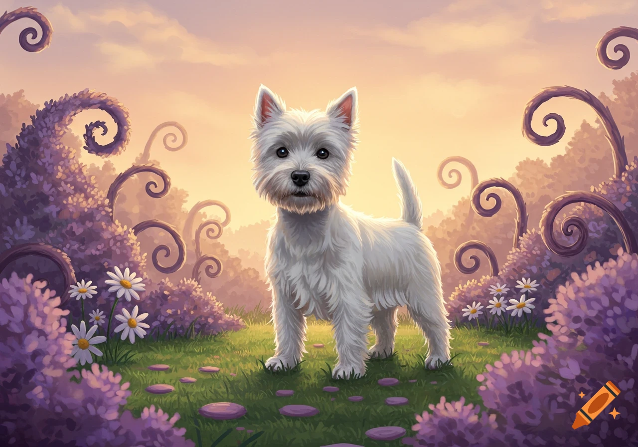 A cute white Westie puppy stands in a whimsical purple garden with daisies under a soft pastel sky, in an illustration style.