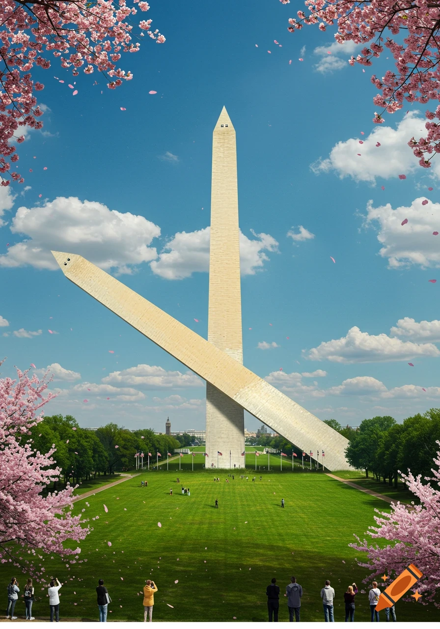 A surreal Washington Monument scene, with one monument upright and another lying diagonally, framed by pink cherry blossoms.