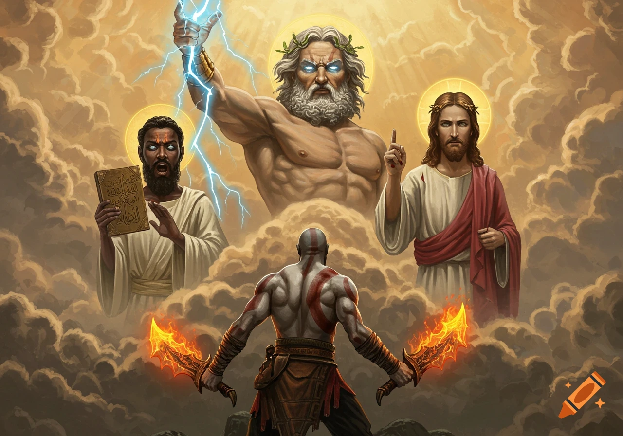 Kratos stands with fiery blades, back to viewer, facing Zeus, Jesus, and another figure among clouds in a painted style.