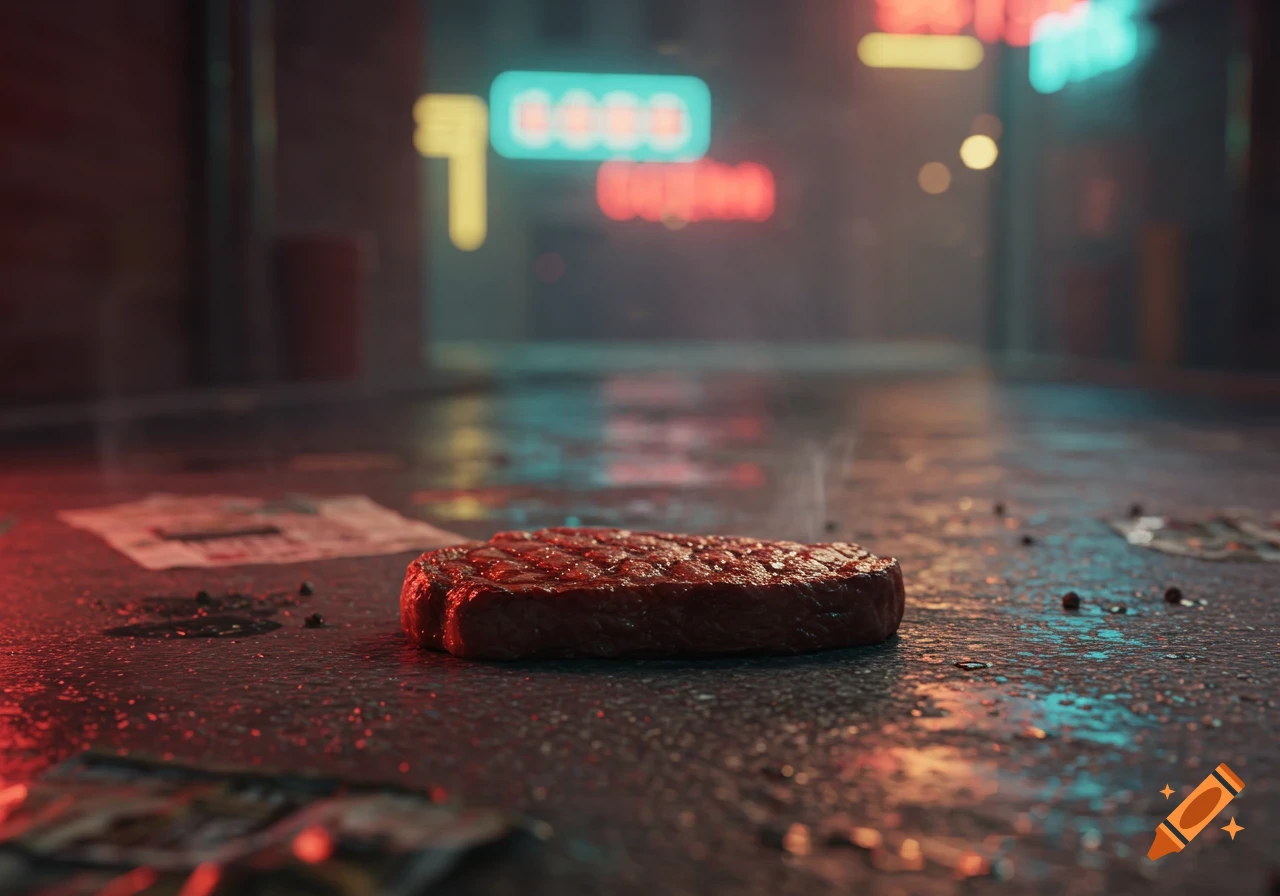 A steaming cooked steak patty lies on a wet, dirty street at night, illuminated by blurred neon signs in the background. Photorealistic.