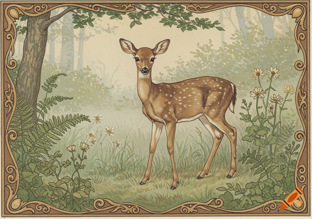 A vintage illustration of a spotted fawn standing in a forest clearing with green ferns and daisies, framed by an ornate border.