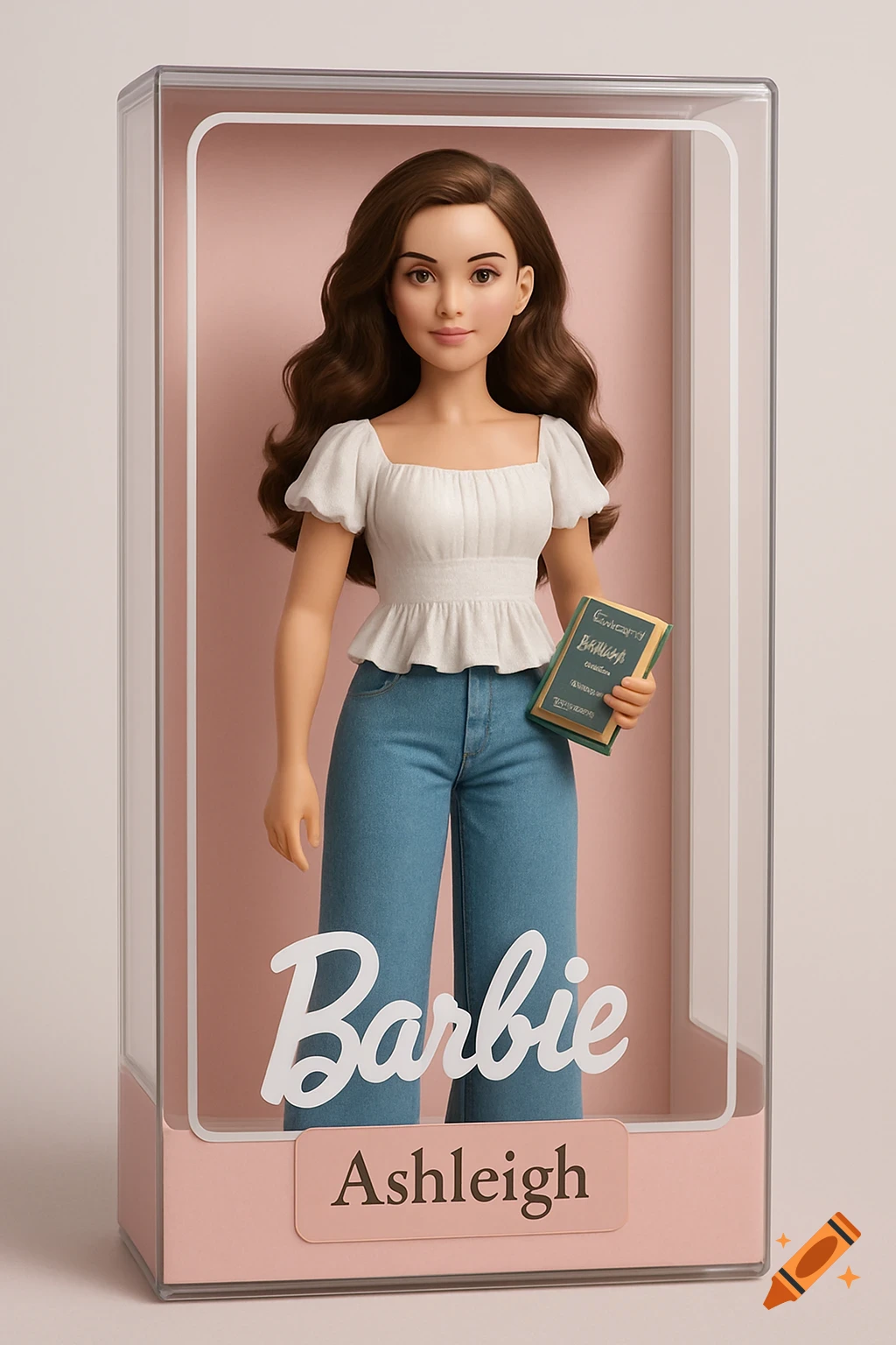 A Barbie doll named Ashleigh, with wavy brown hair, wearing a white ruffle peasant top and light blue wide-legged jeans, stands inside a clear display box. She holds a green chapter book.
