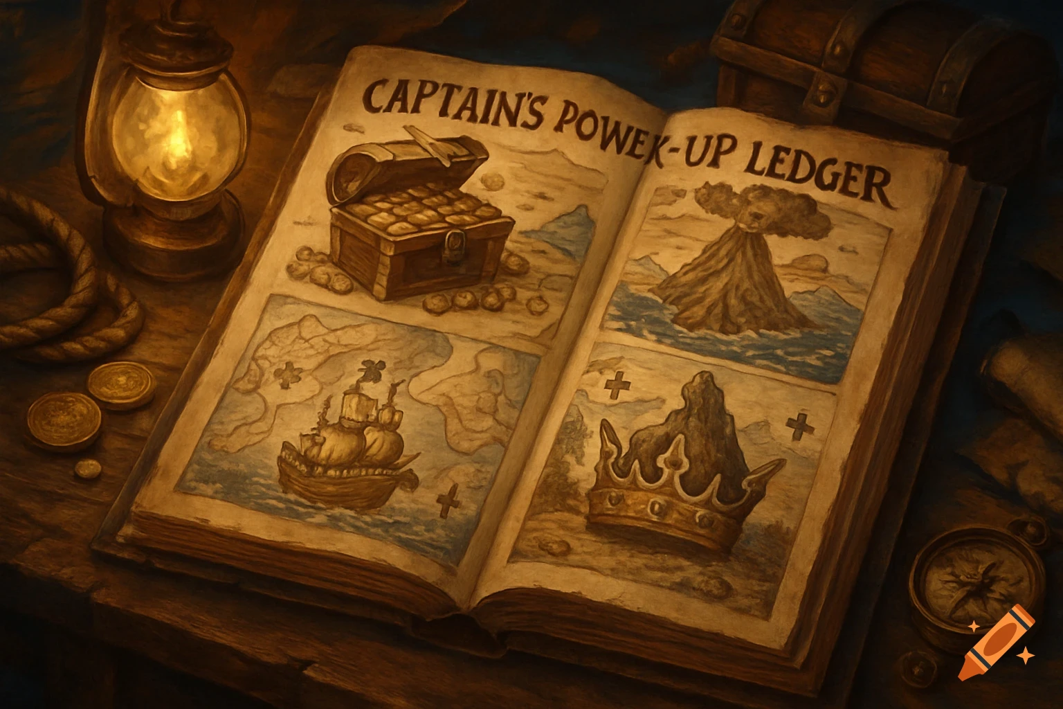 An open 'Captain's Power-Up Ledger' with illustrations of a treasure chest, ship, volcano, and crown, illuminated by a lantern, surrounded by coins and a compass.