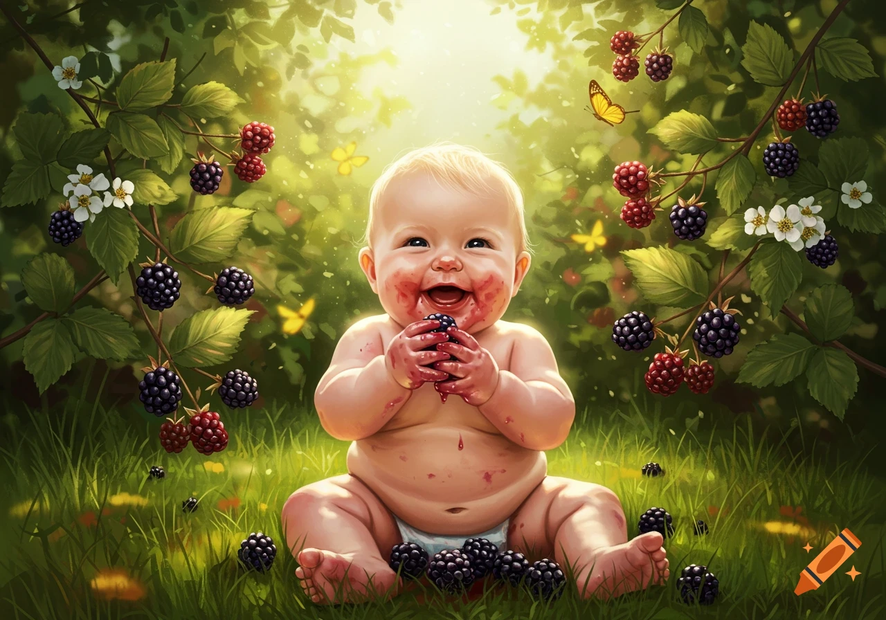 A joyful baby with a berry-stained face and hands sits in green grass, surrounded by blackberry bushes and butterflies.