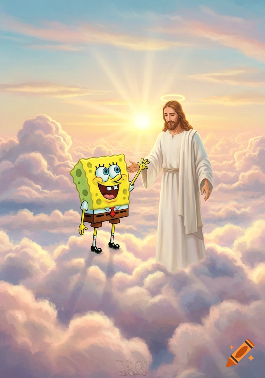 Spongebob Squarepants enthusiastically greets Jesus Christ, who has a halo, both standing on fluffy clouds with a bright sun behind them.