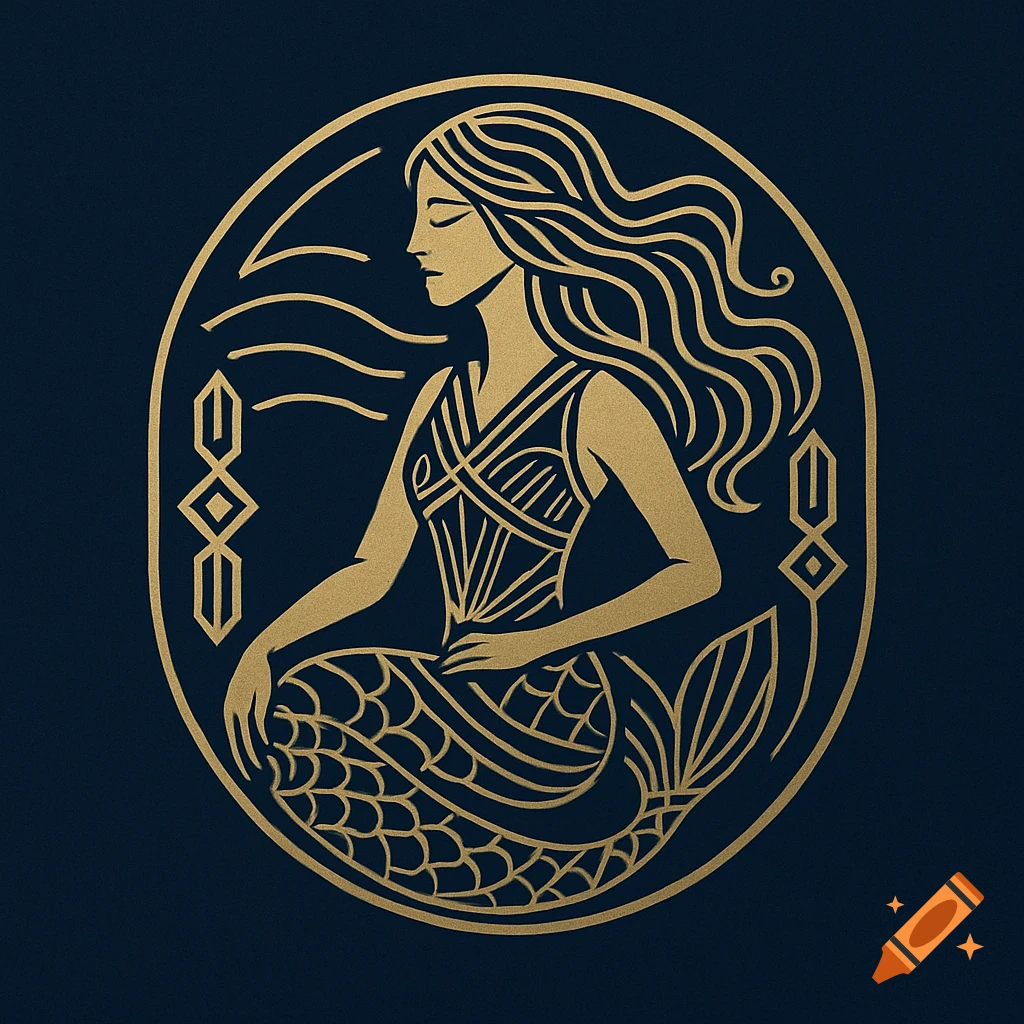 An elegant gold Art Deco mermaid illustration in an oval frame on a dark blue background.