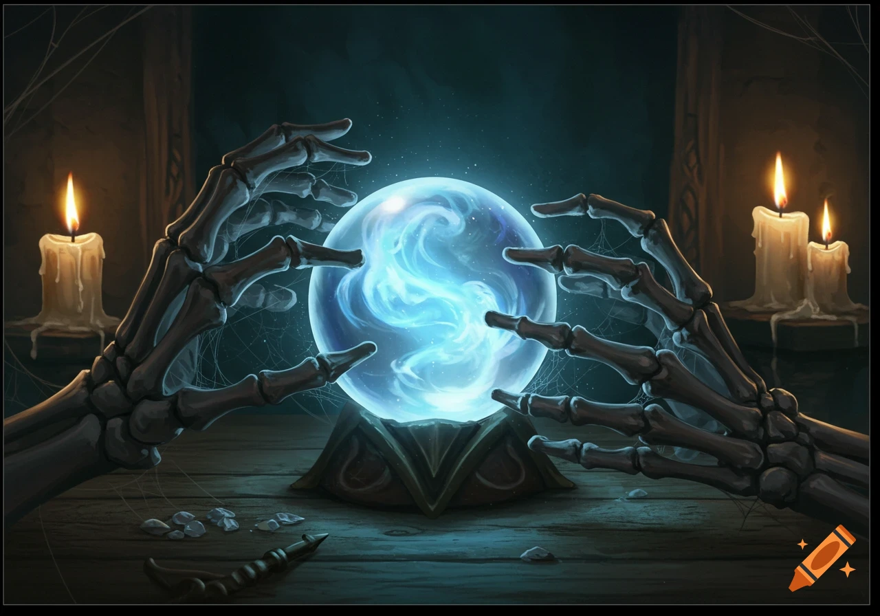 Skeleton hands reach around a glowing blue crystal ball, illuminated by candlelight in a dark room.