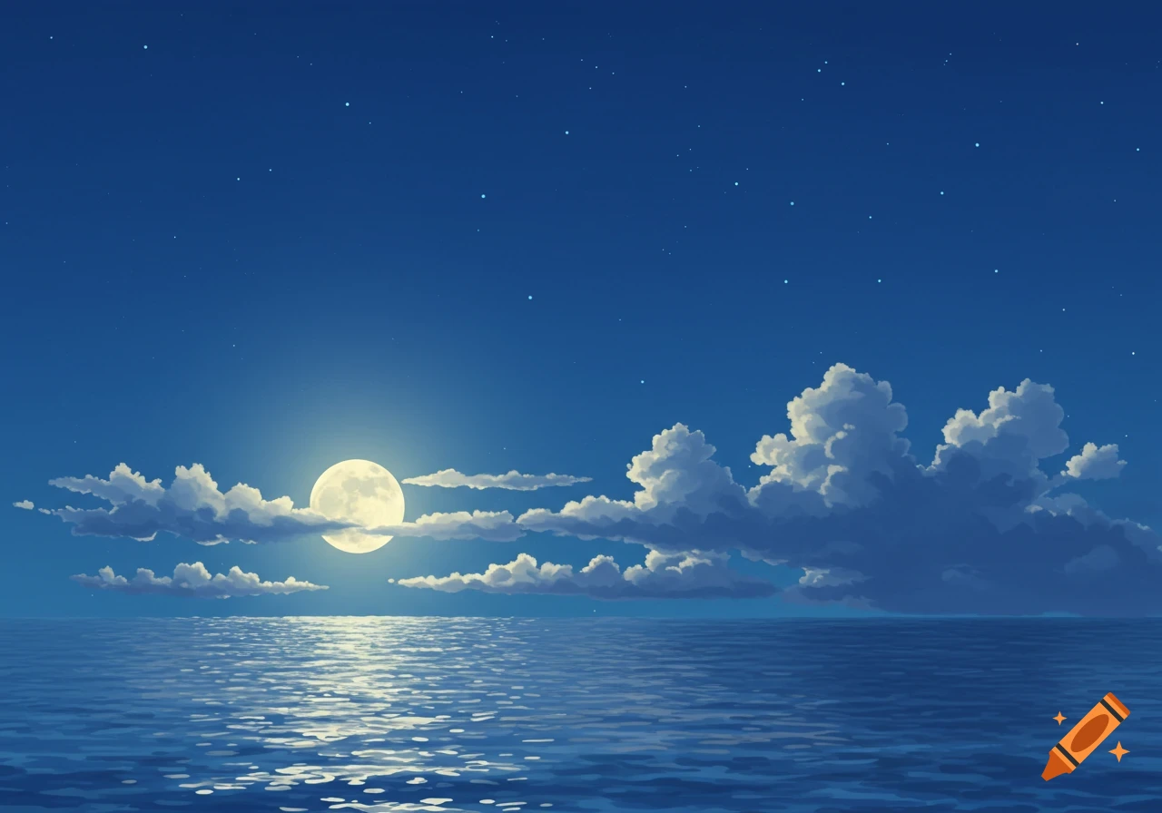 An anime-style illustration of a large full moon over a calm ocean at night. Clouds dot the sky, and stars twinkle in the deep blue.