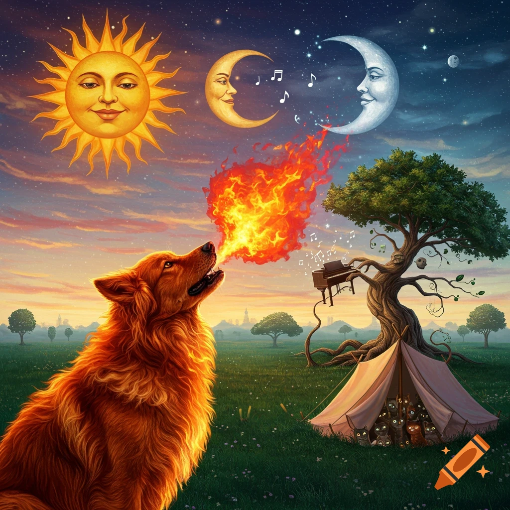 Vibrant, surreal illustration: A fire-breathing dog, a tree playing piano, talking sun and moon, cats in a tent at twilight.