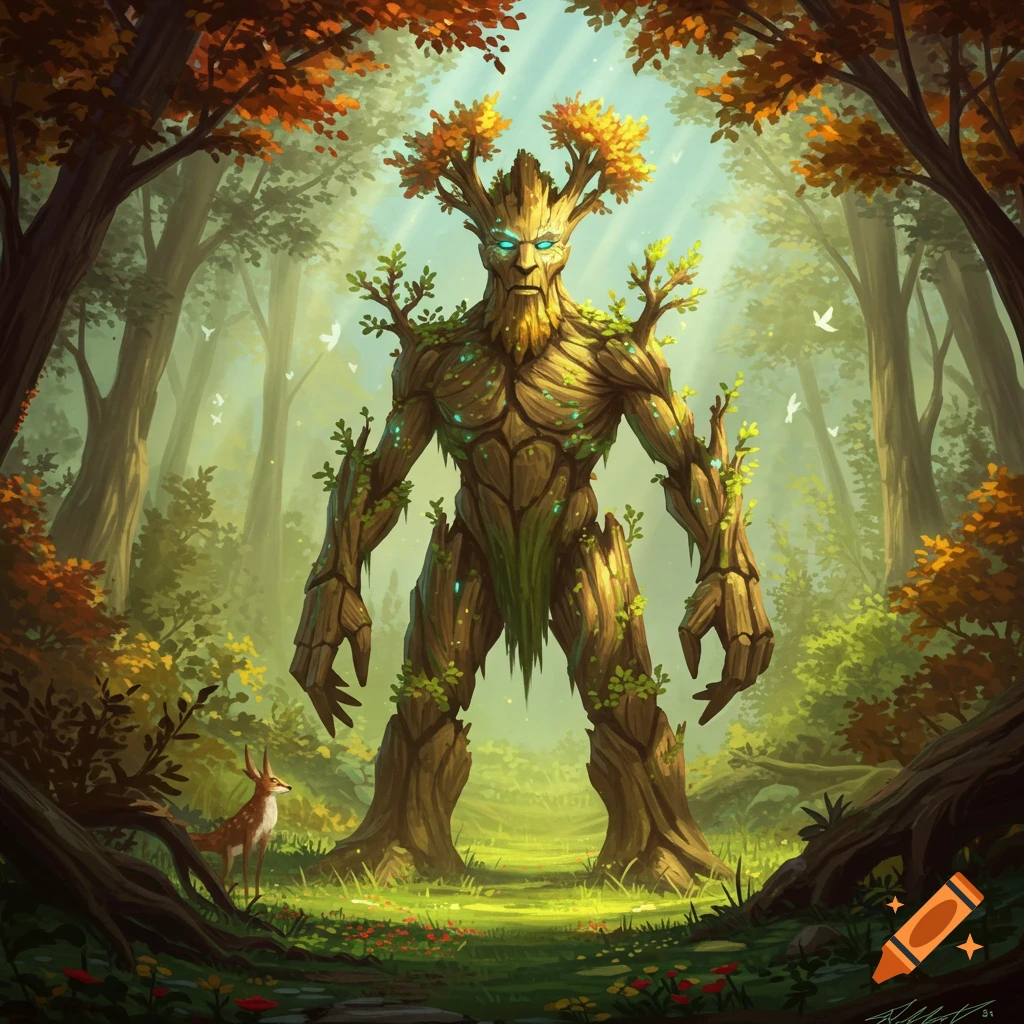 A large, ancient tree-man with glowing blue eyes stands in a vibrant forest clearing with a small deer nearby, in a stylized digital painting.