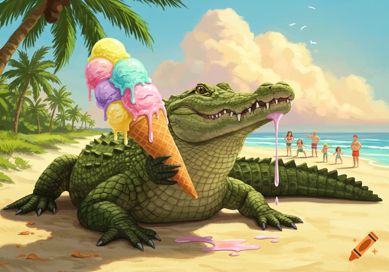 A cartoon alligator on a sunny tropical beach holds a huge melting ice cream cone, with pink ice cream dripping from its mouth. A family is in the ocean background.
