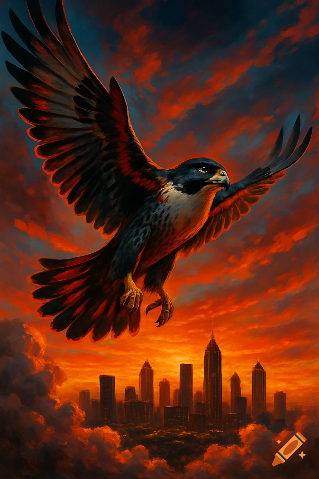 A large falcon with spread wings flies over a city skyline at sunset, under a dramatic red and orange sky. Digital illustration.