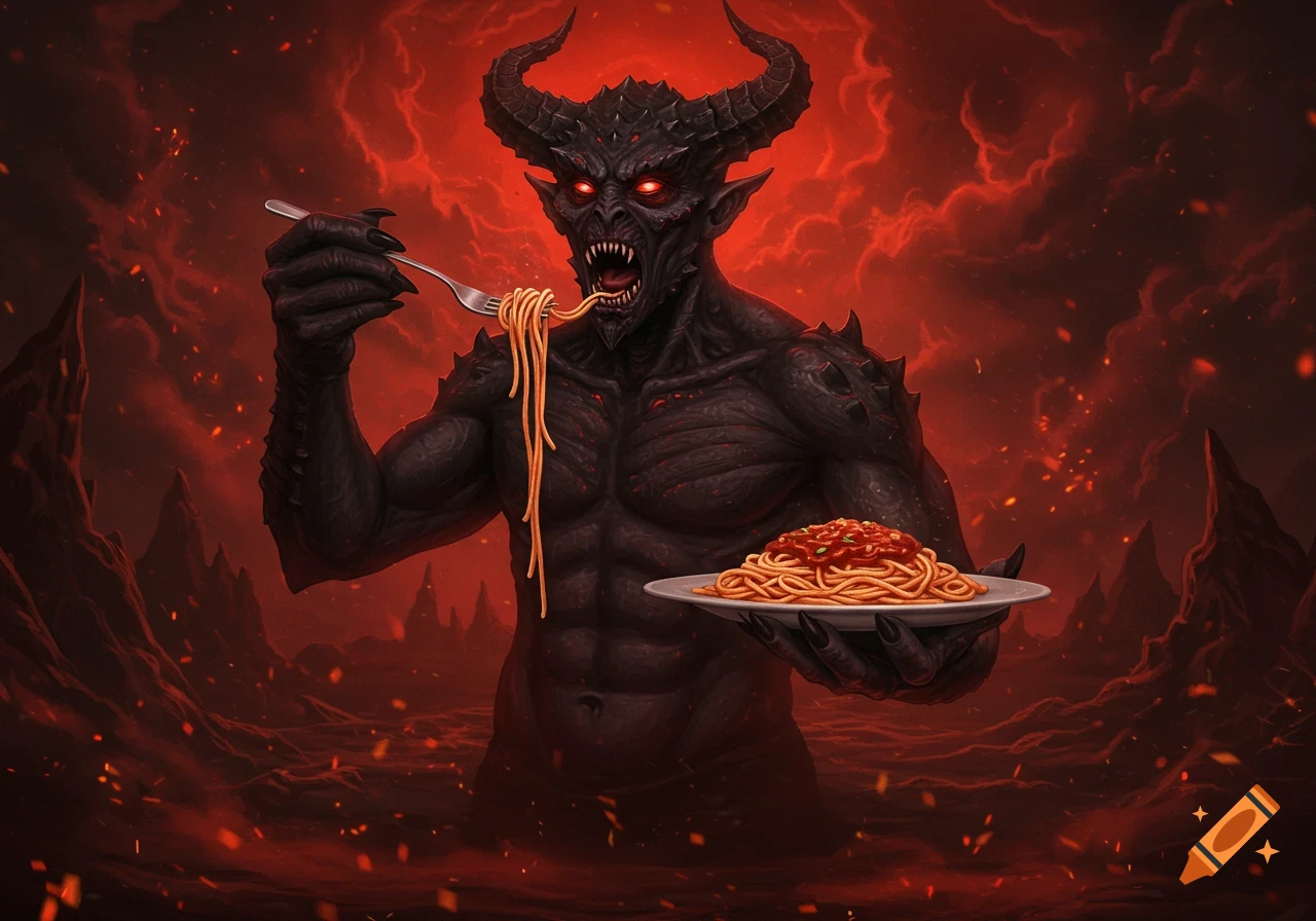 A demonic creature with horns and red eyes eats spaghetti with a fork in a fiery, hellish landscape, dark fantasy art.