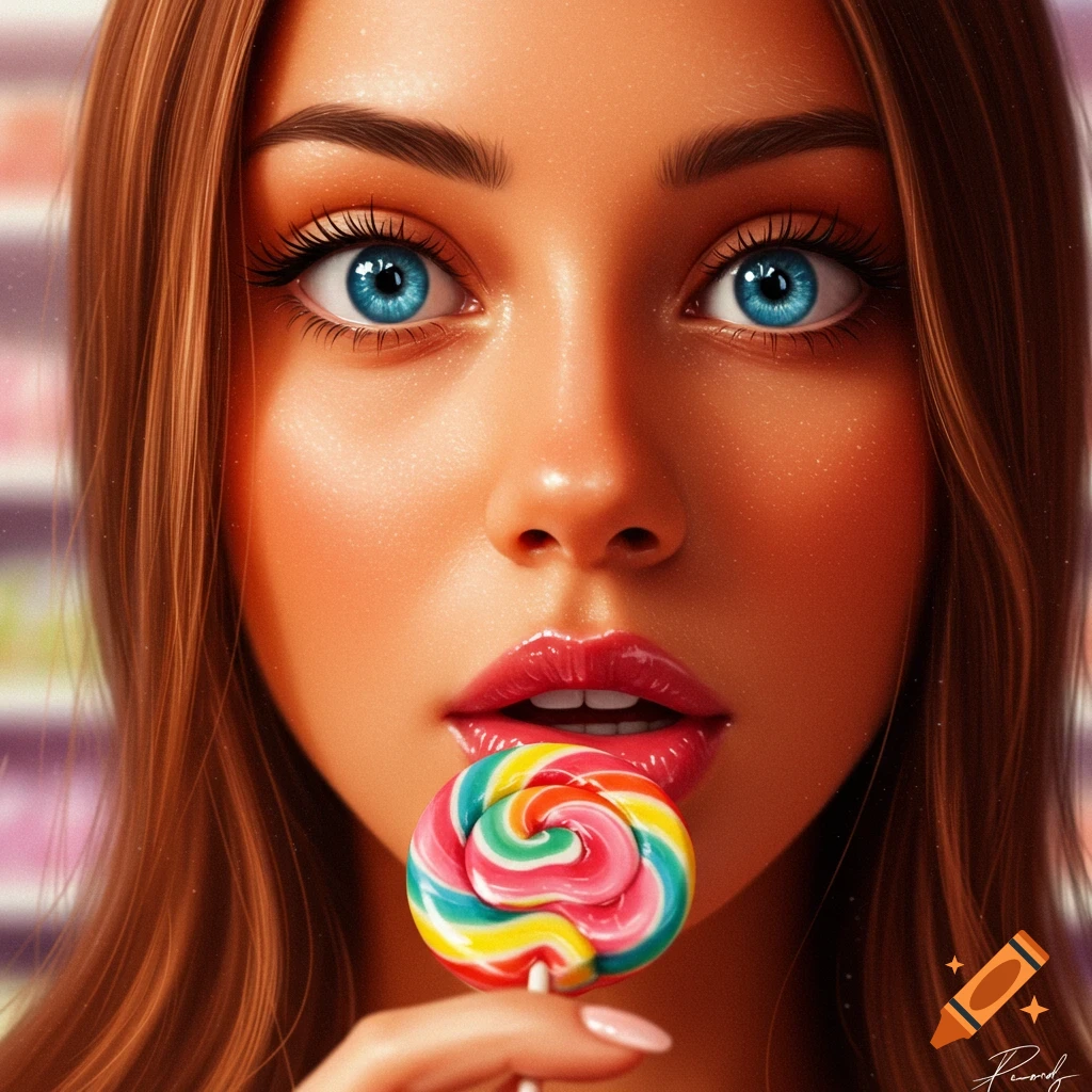 Close-up digital painting of a woman with blue eyes licking a colorful swirl lollipop.