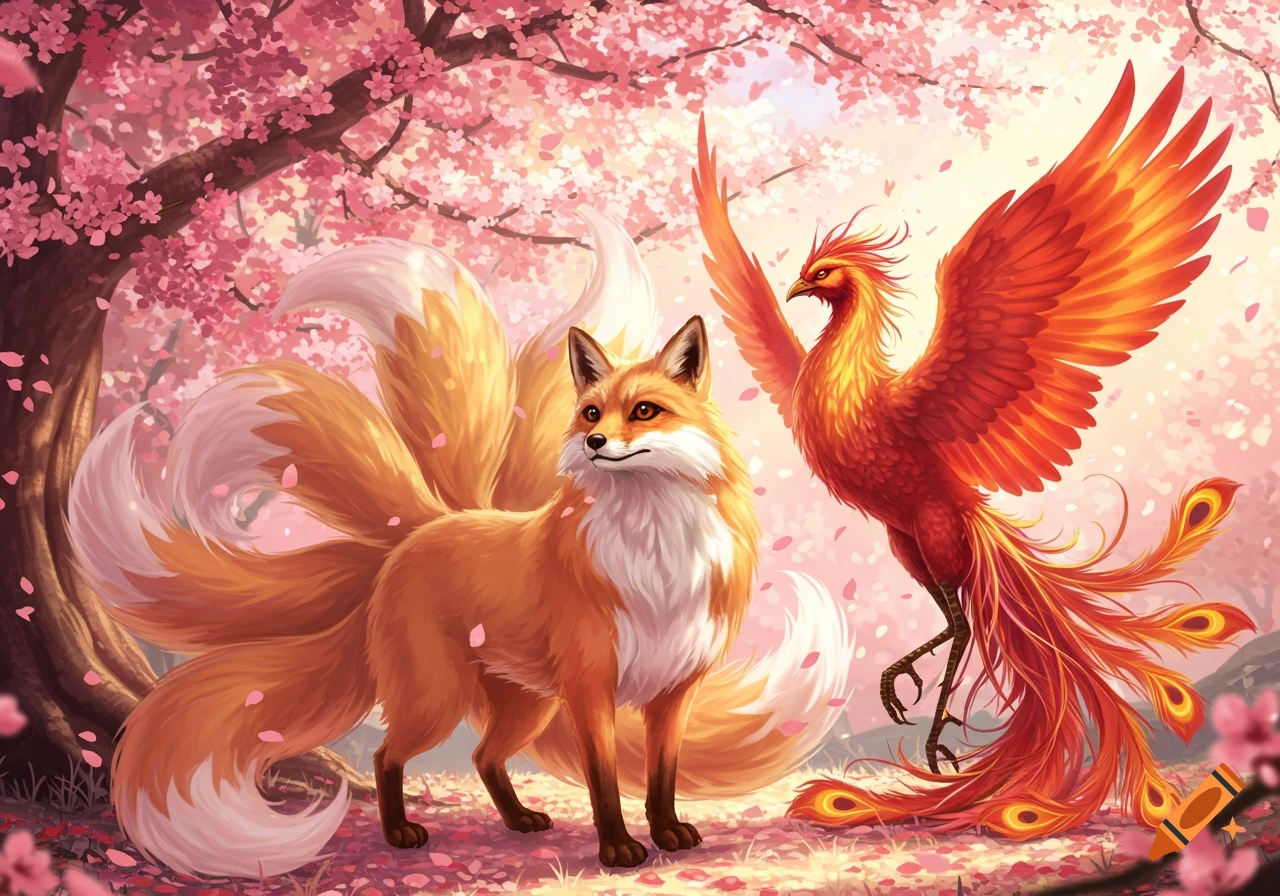 A vibrant illustration of a nine-tailed fox and a phoenix standing in a cherry blossom forest with falling pink petals.