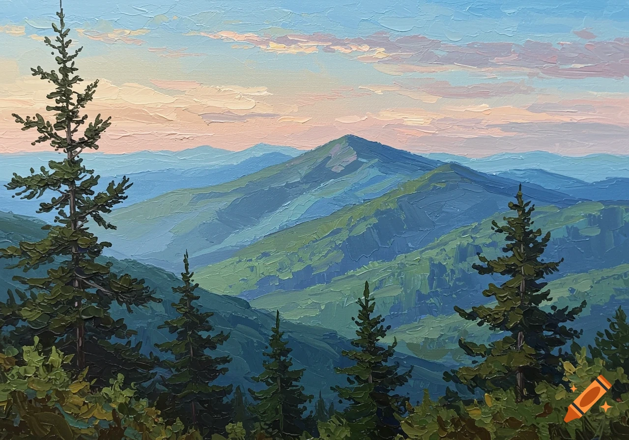 Impressionist impasto painting of a mountain landscape with evergreen trees in the foreground and layers of blue-green mountains under a pink and blue sky.