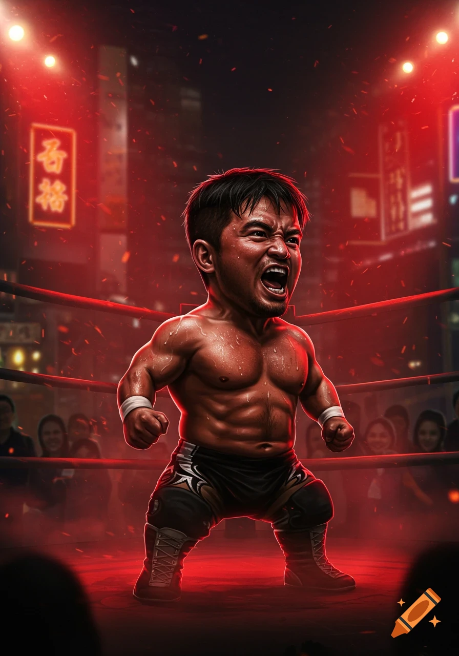 A muscular, stylized small Asian male wrestler with a large head yells in a red-lit ring, with neon signs in the background.