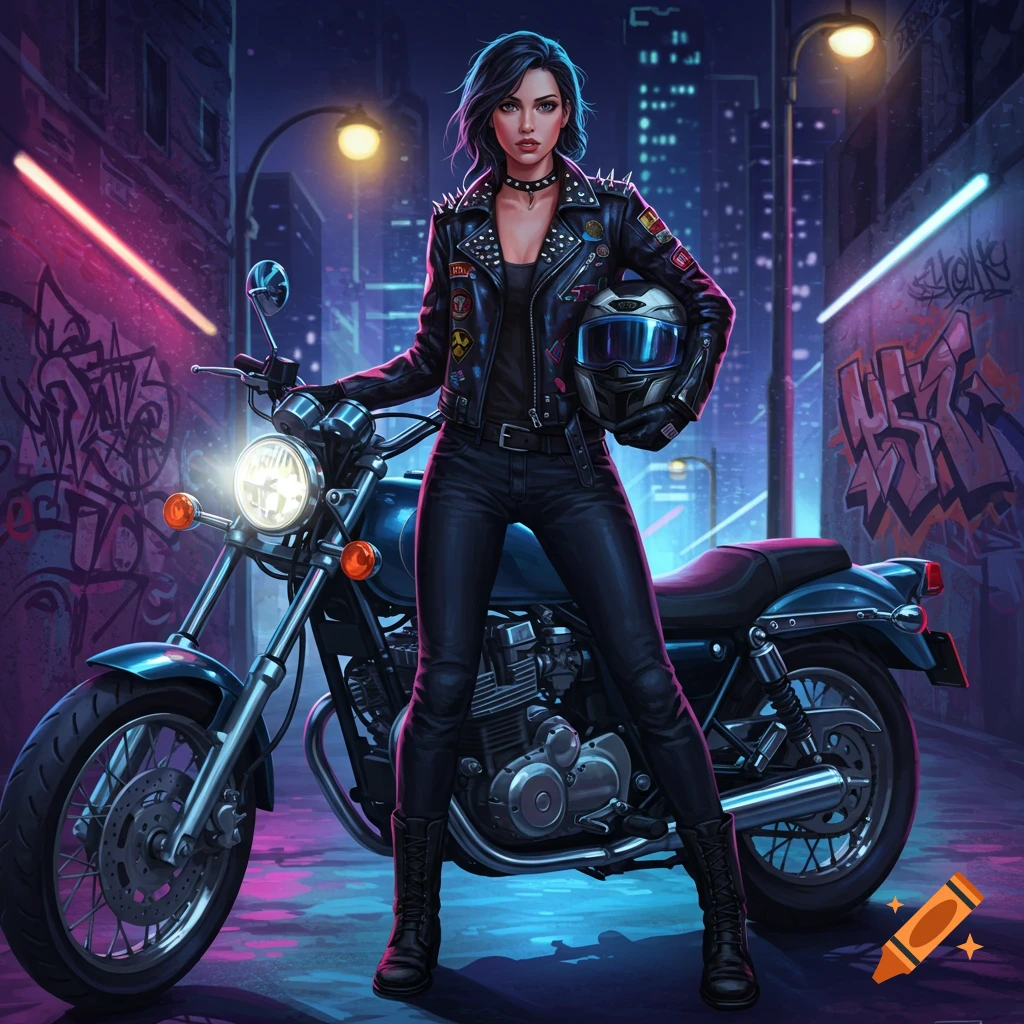 A cool biker girl in a black leather jacket and pants stands next to her motorcycle in a neon-lit city alley at night, with graffiti-covered walls.