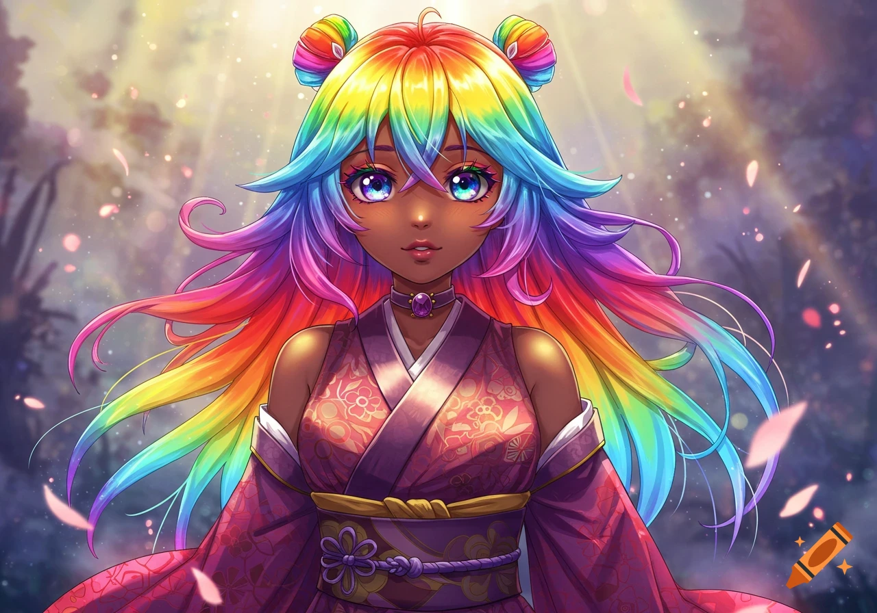 Dark-skinned anime girl with long rainbow hair in buns, wearing a pink floral kimono, in a bright, mystical setting.