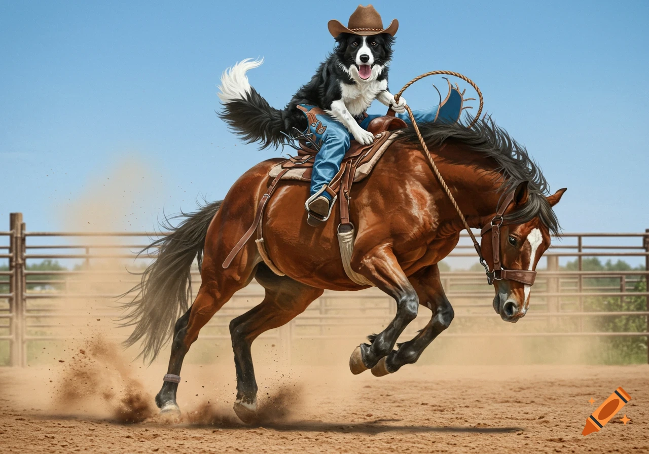 A photorealistic border collie in a cowboy hat and western attire rides a bucking horse in a dusty corral.