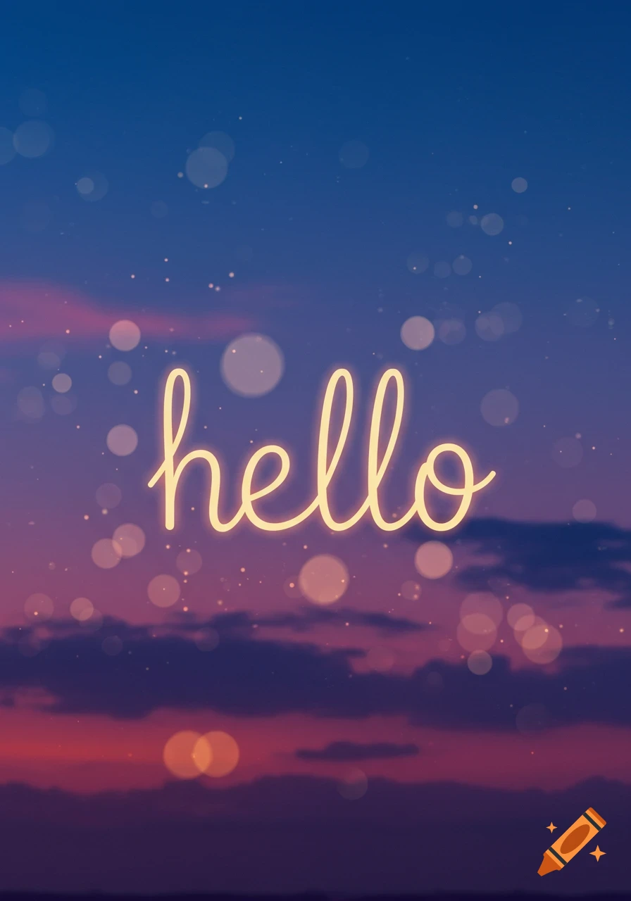 Glowing yellow 'hello' text in a script font against a purple and orange sunset sky with bokeh lights.